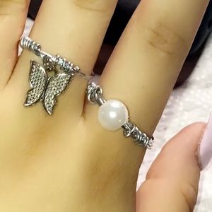 wire butterfly pearl ring set